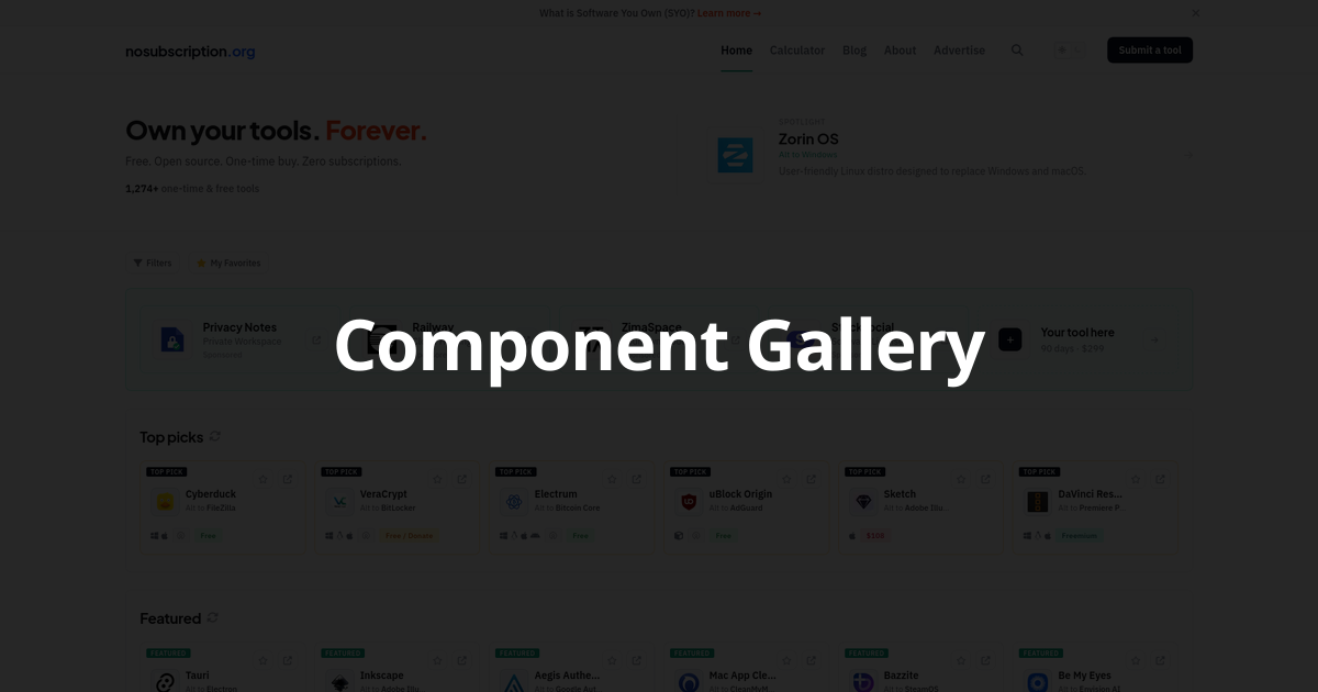 Component Gallery - Alternative to Tailwind UI | NoSubscription.org